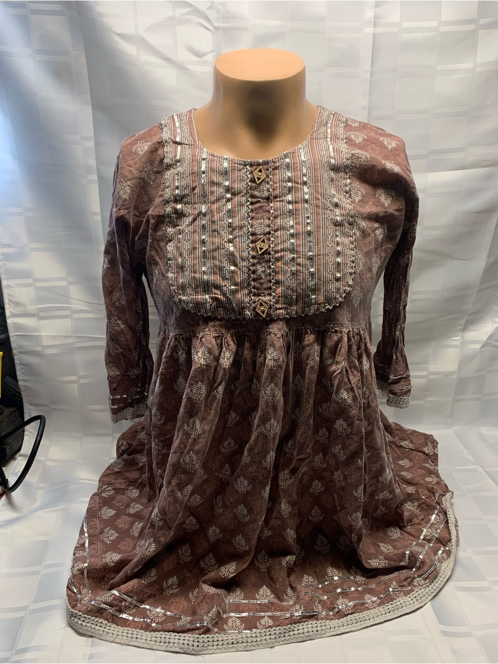 Boho Ethnic Printed Anarkali Short Kurti Dress - Brown/Mauve